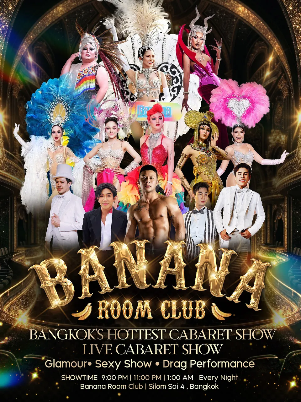 Banana Room Club cabaret cast — drag queens, showgirls and dancers on the Silom Soi 4 stage